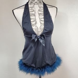 Frederick's of Hollywood Haulter Chemise Feather Chemise Teddy Black Size Small